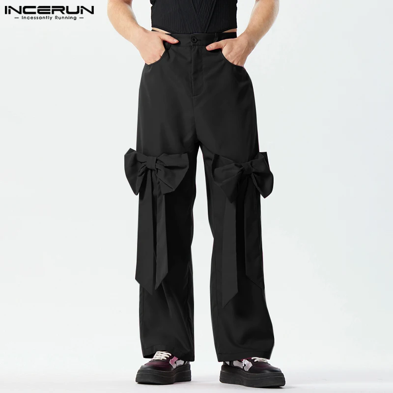 2024 Men Casual Pants Solid Color Button Loose Bowknot Straight Trousers Men Streetwear Joggers Stylish Long Pants S-5XL INCERUN