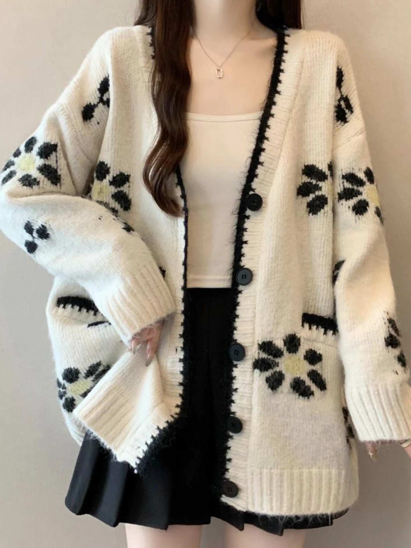 

Korean Sle V-Ne Floral Knitted Open Cardigan Women's Autumn Winter plus Size Loose Lazy Mid-Length Anti-Aging Sweater Jaet