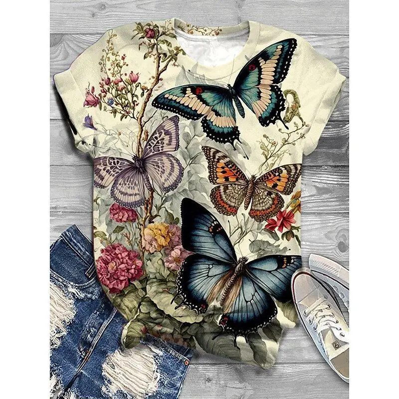 Butterfly Dragonfly Pattern 3D Print T-Shirts Women's Short Sleeves T Shirt Streetwear Y2k Harajuku Tees Tops Female Clothing
