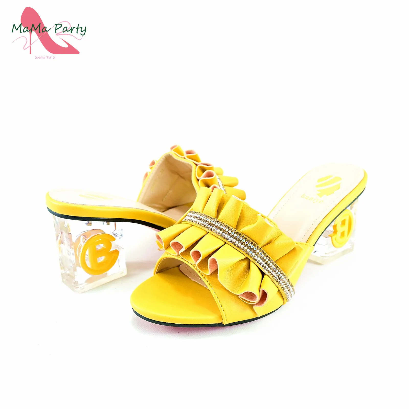 2024 Square Heels New Design Peep Toe Italian Wedding Shoes and Bag Set in Yellow Color Fashion African Slipper For Party