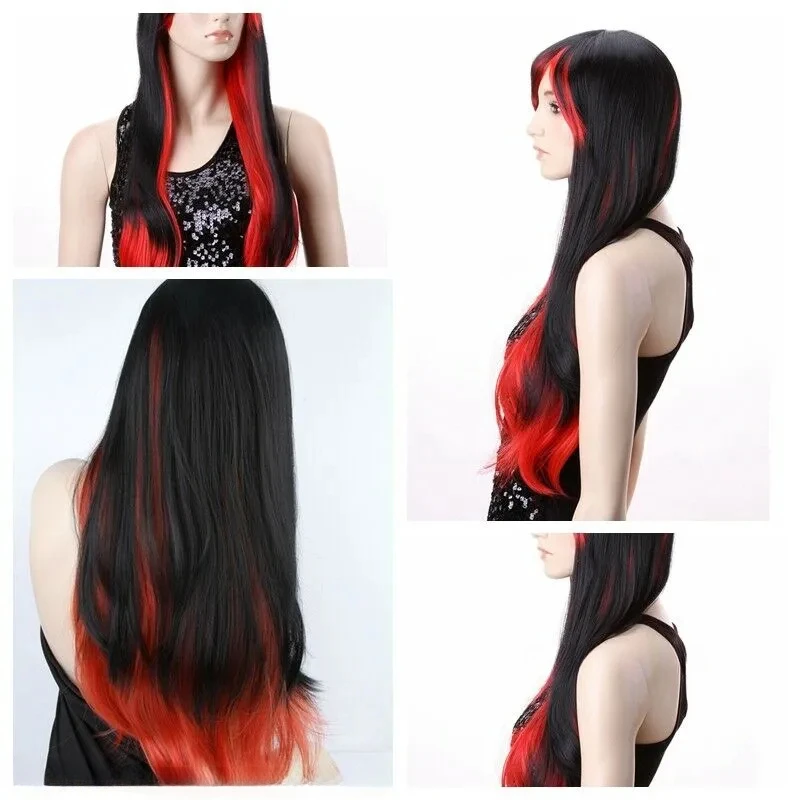 Wholesale  Details about Womens Ultra Straight Wig Black Mixed Wine Red Blonde Rainbow Emo Hair Long Wigs