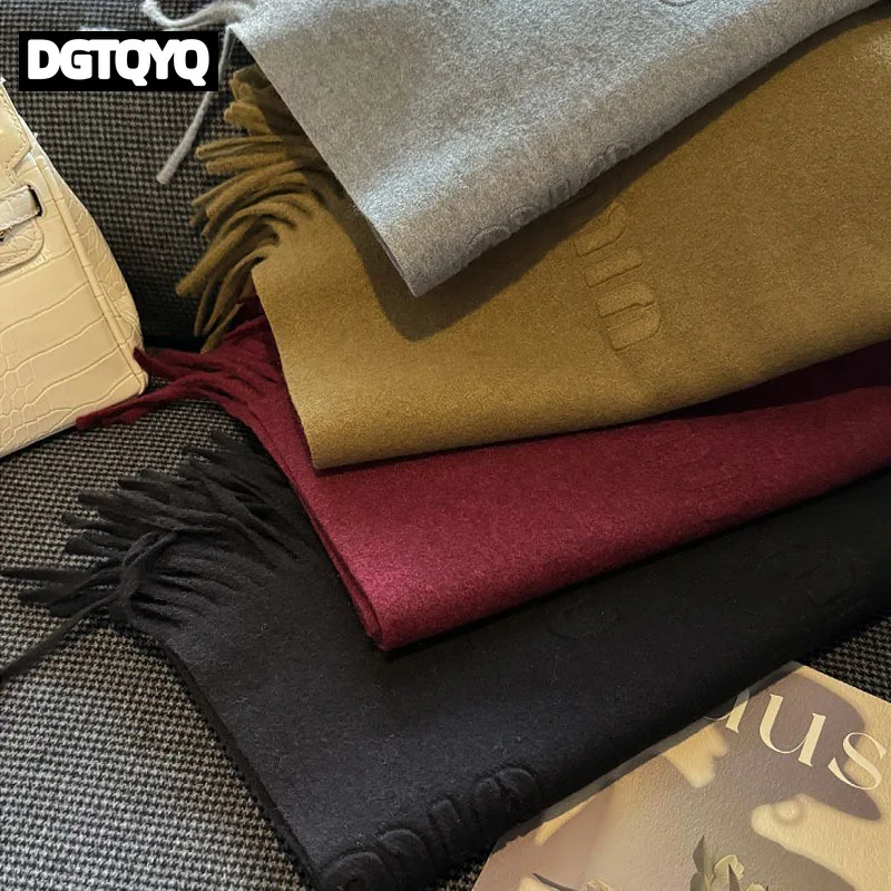 High Quality Scarf Women Winter Autumn Popular Embossed Letter Wool Blended Muffler Female Youth Vitality Warm Solid Shawl Lady