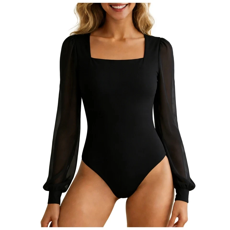 Sexy Bodysuit Women Black White Bodycon Long Sleeve Mesh Bodysuits Square Neck  Jumpsuit Tops One-Piece Leotards