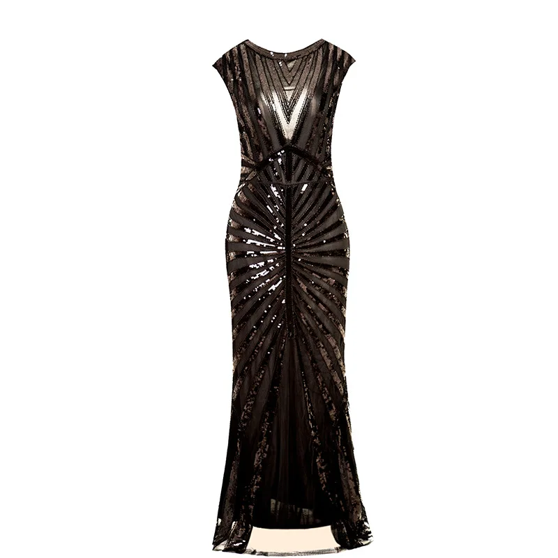 ผู้หญิง1920S Great Gatsby ชุดยาว20S Flapper Vintage O คอ Backless Maxi ชุดเดรสปาร์ตี้สำหรับค็อกเทล