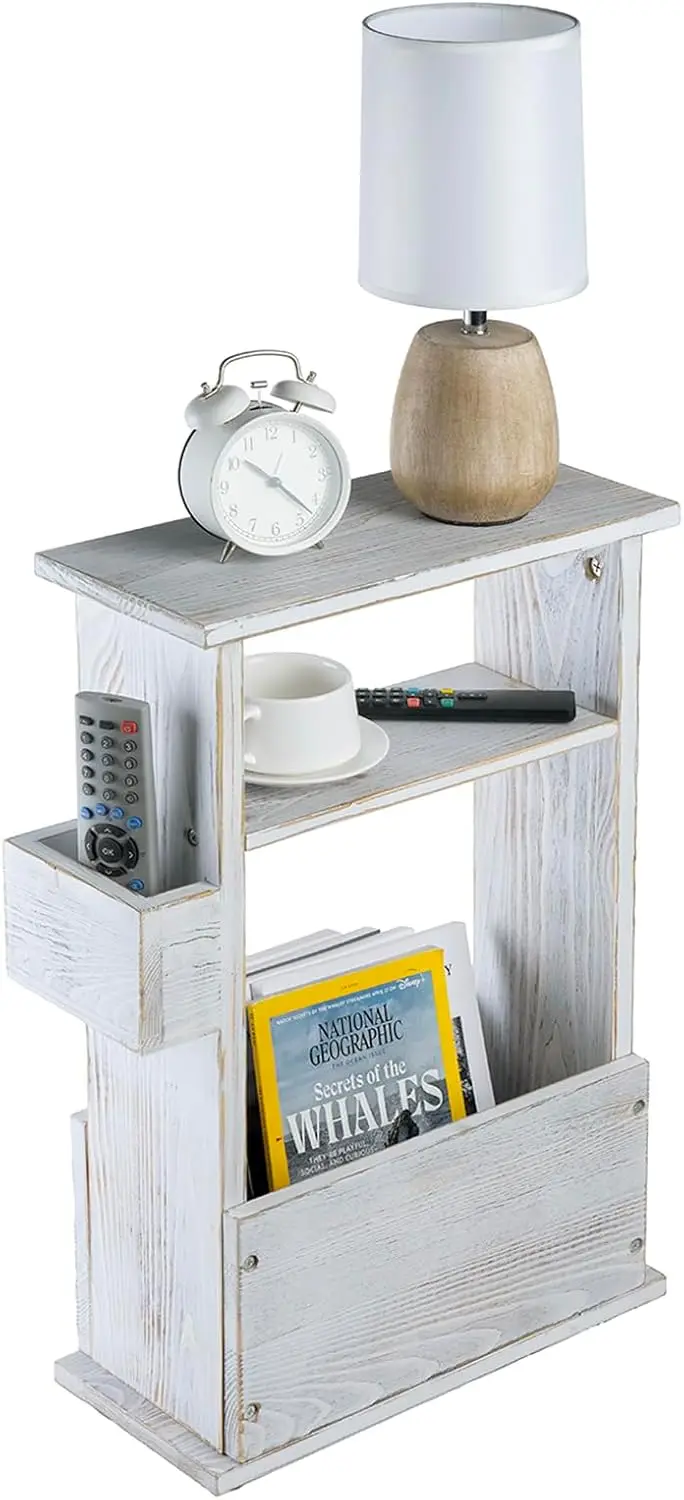 Shabby Whitewashed Wood End Table with Magazine Holder, Storage Display Shelf and Remote Control Holder Rack