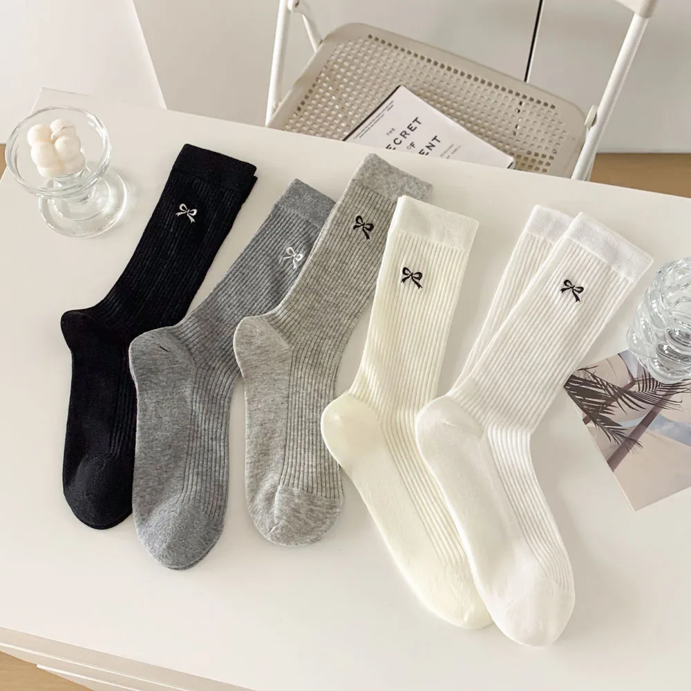 Socks Women Spring Summer Bow Ultra-thin Mid-tube Socks Japanese Casual Solid Color Cotton Breathable Mesh Pile Socks