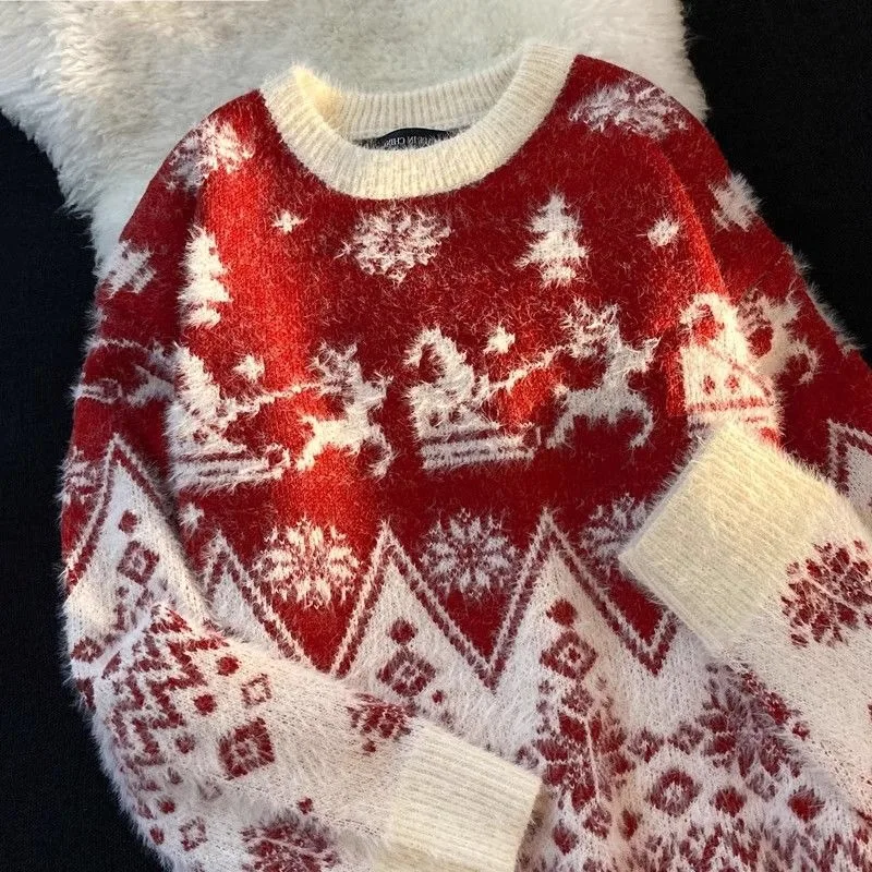 

Christmas Red Soft Waxy Sweater Men's Winter Round Neck Loose Lazy Style Retro Knitted Sweater Trendy Brand Thread Coat Trendy
