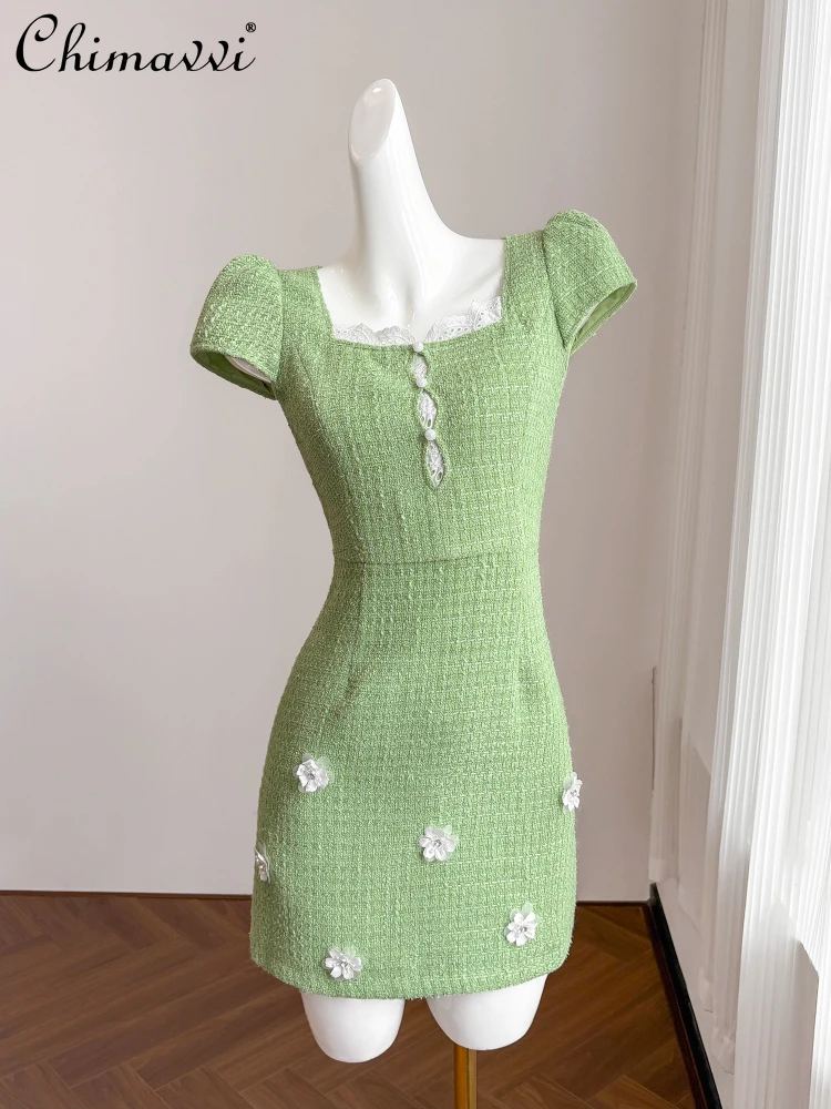 

French Elegant Retro Socialite Summer Dress Lace Spliced Square Neck Puff Sleeve 3D Flower High Waist Bodycon Short Dress Women