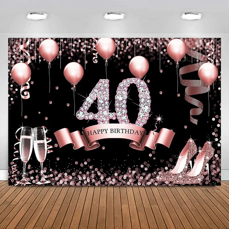 Glitter Happy 40th Birthday Backdrop for Women  Party Photography Background Shining Bokeh Dots High Heels Banner Decorations