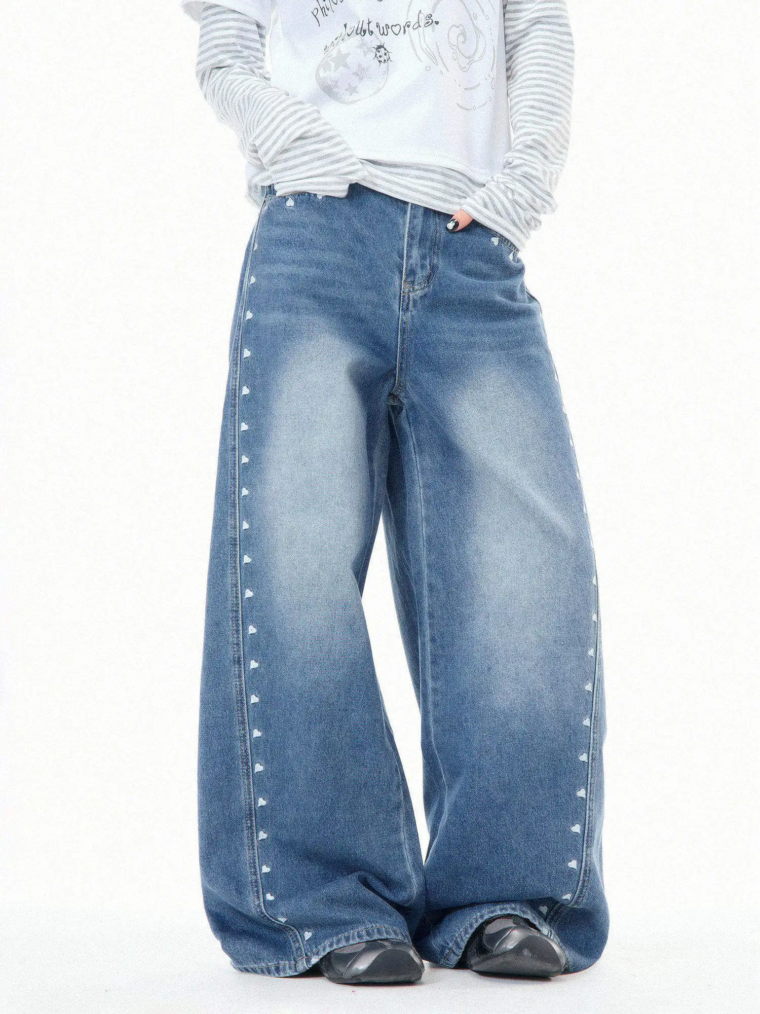 

Waed MKGO American Love Embroidery Wide Leg Jeans Women Casual Loose Slim Straight Long Pants Comfortable Mid-Winter