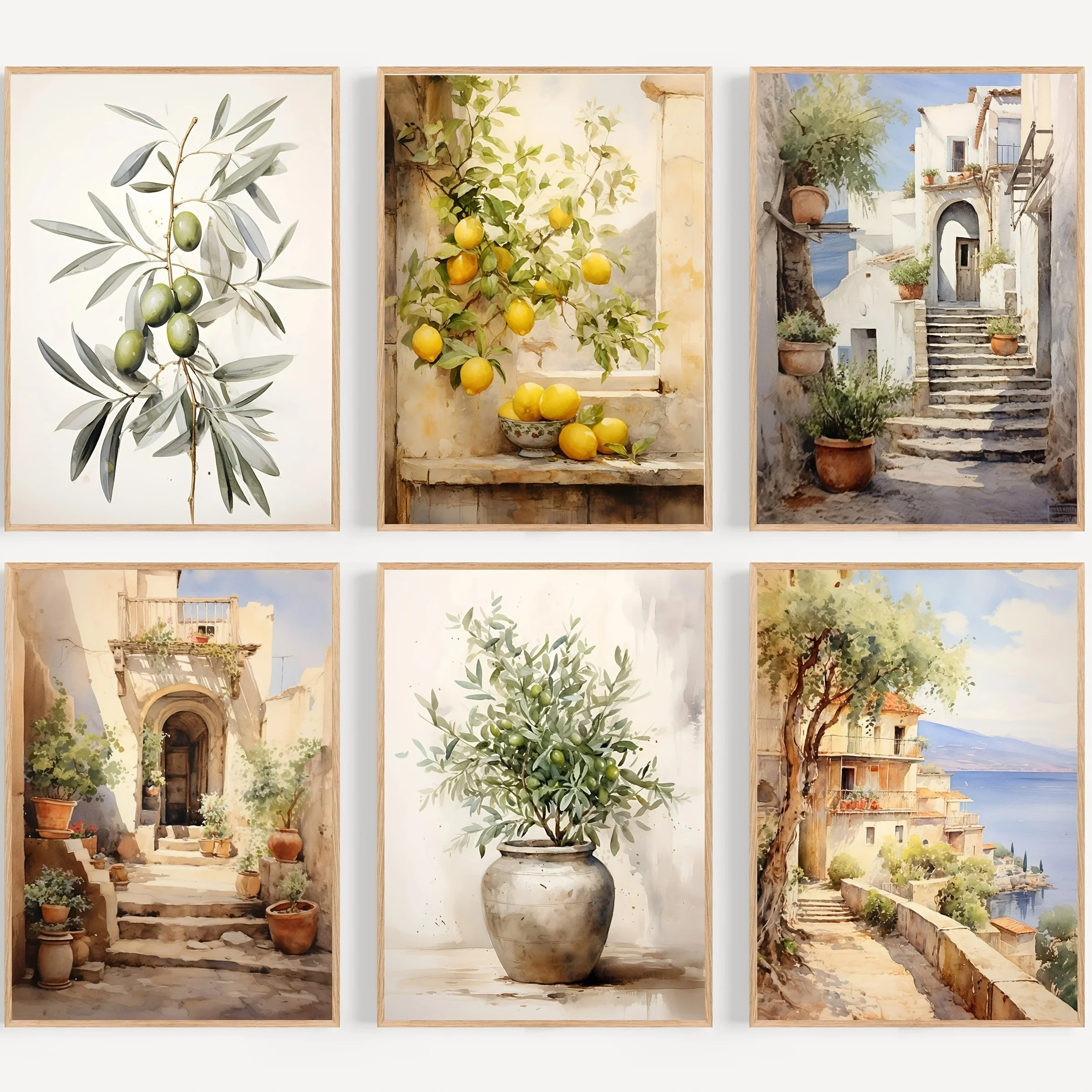 6pcs/set Retro Mediterranean Lemon Olive Tree Canvas Prints Italian Landscape Wall Art Posters for Modern Kitchen Home Decor