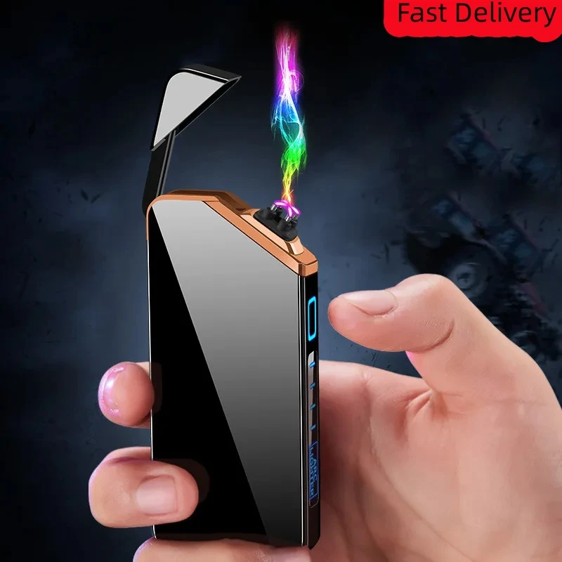 Encendedor de Metal portátil a prueba de viento para hombres, encendedor eléctrico de doble arco, sin llama, Plasma, USB, detección táctil inusual,