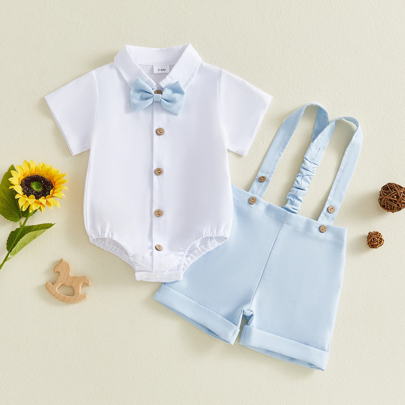 2Pcs Infant Boy Summer Outfit Short Sleeve Lapel Neck Bowtie Decor Shirt Romper and Solid Color Suspender Shorts Set