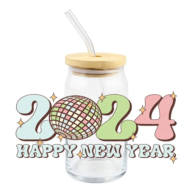 2024 New UV Transfer Wraps Sticker Happy New Year Design DTF Wraps For Cups Waterproof DIY Brand Logo Custom