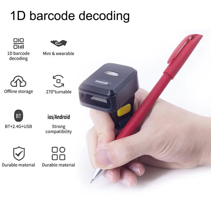 To Portable 1D/2D Barcode Scanner Finger Handheld Wearable Ring Bar Code Reader BT Wireless Wired Connection with Offline