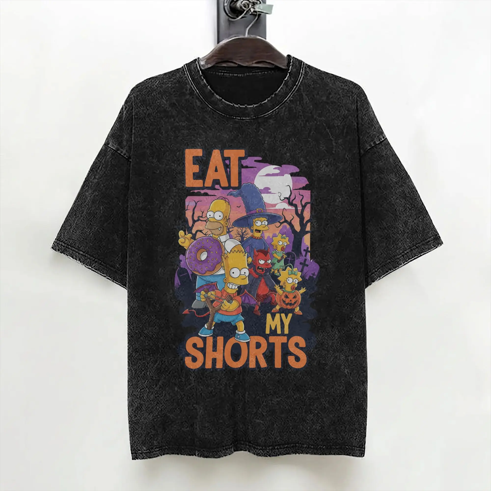 Cartoon S-Simpsons Halloween T Shirts Washed Cotton Harajuku T-Shirt  Fashion for Men Women Streetwear Graphic Printed Tees