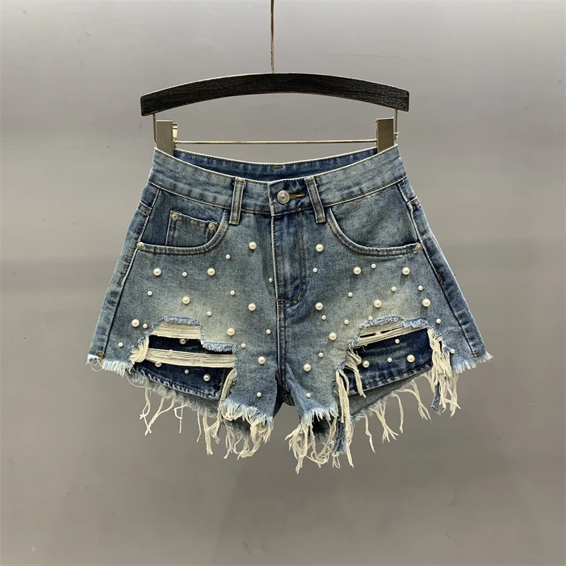 Summer Pearl Ripped Denim Shorts Women Retro Blue Black Slim Wide Leg High Waist Jeans Shorts Street Sexy Fashion Casual