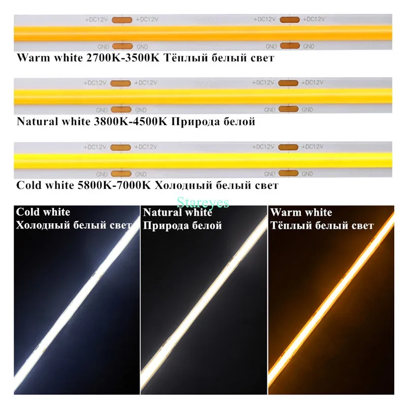 Tira de luces LED COB 320 480/m, 5m, 10m, 12V, 24V, luz LED FCOB Flexible de alta densidad RA 90, cinta de cuerda lineal regulable