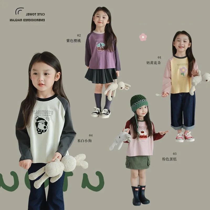 Spring and autumn girls cute shoulder T-shirt 2024 autumn new girl baby everything casual long-sleeved loose top 1 2 3 4 5 6 7 8