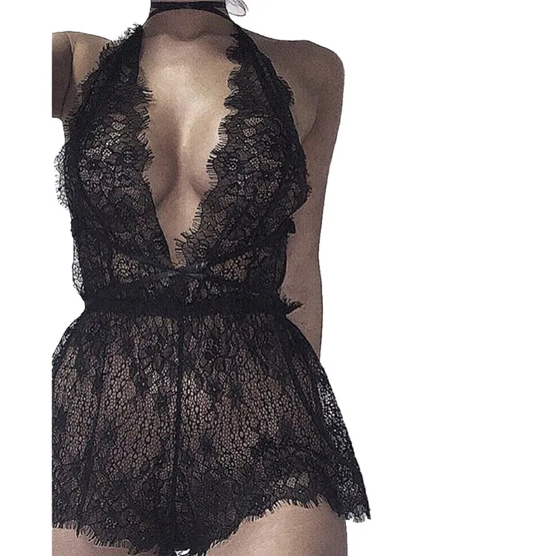 Sexy Teddy Underwear Baby Doll Dress For Women Black Lace Transparent deep v Open Crotch Porn Costumes Bodysuit Erotic Lingerie