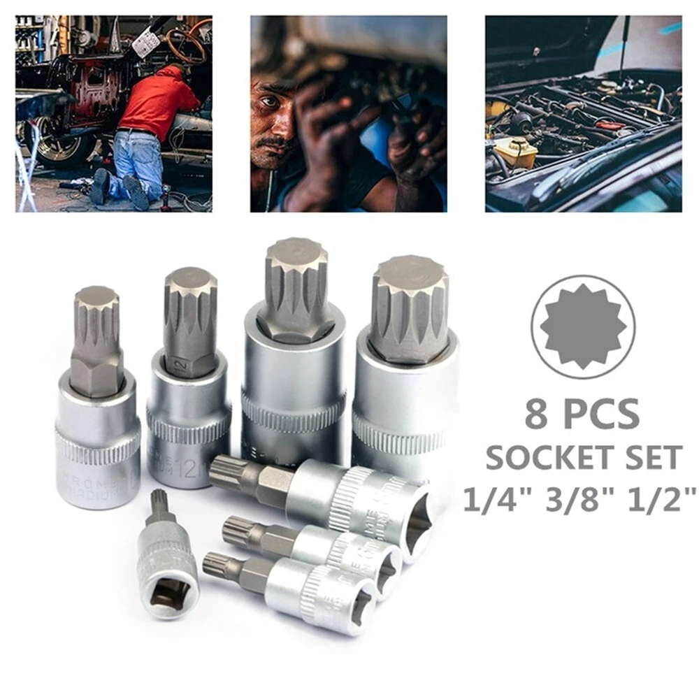 8pcs Torx Bit Socekt Set 1/4 3/8 1/2 Inch Adapter Allen Spline Kits M4-M16 With Bracket For Torque Spanner Ratchet Socket Wrench