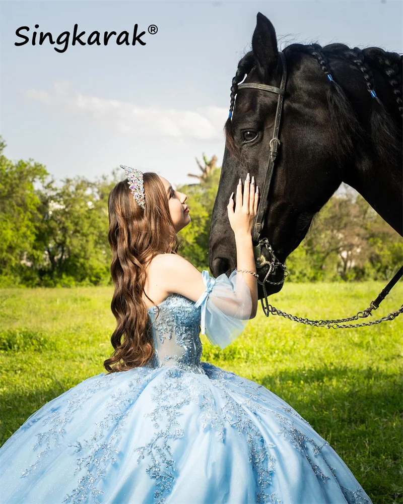 Céu azul Princesa Quinceanera vestido de baile, Vestido De Trem Do Tribunal, Flores Apliques, Renda Beading Cristais, Doce 16 Vestido