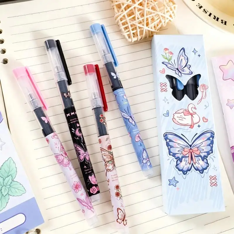 ~4Pcs/Box Cute Butterfly Rose Printed Gel Pens Smooth Quick Drying Ink For School Note Taking Office Daily Use