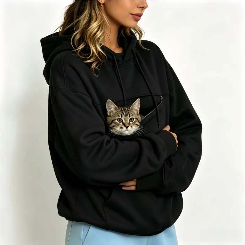 Pet Carrier Hoodie with Pet Pocket Drawstring Long Sleeve Cat Dog Holding Pullover Solid Loose Casual Pet Lover Sweatshirt2026