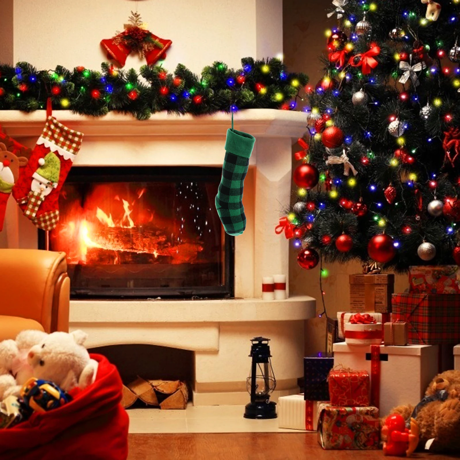 

1pc Christmas Decoration Pendant Socks Candy Bag Plaid Hanging Stocking Gift Kids Party Home Hotel Use Red Green