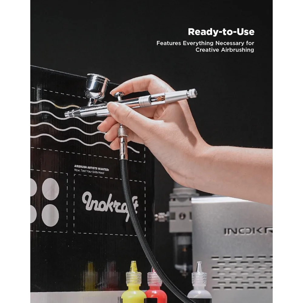 مجموعة البخاخة مع ضاغط الهواء - ضاغط هواء هادئ 1/6 حصان، بخاخة الجاذبية مع 3 أطراف 0.2، 0.3 و 0.5 مم - خرطوم #4