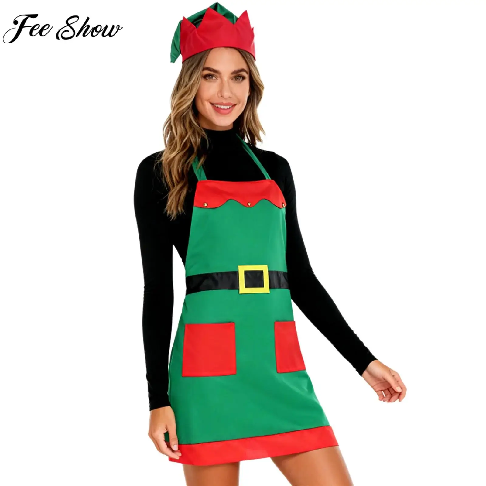

Women Christmas Apron with Hat Xmas Elf Santa Claus Cosplay Costume Accessories Lace-up Non-woven Bells Pinny with Elves Hat