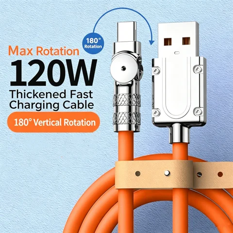 1M 2M 3M 180 Rotatable USB A to Type C Fast Charging Data Cable 120W Metal Swivel Plug Orange Blue For Android Xiaomi Honor