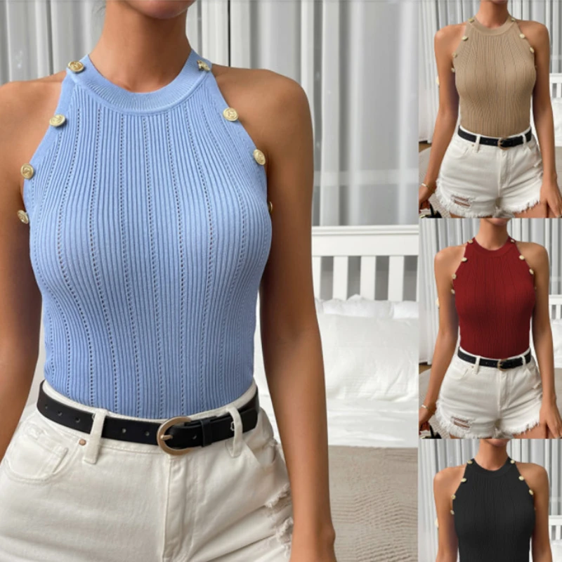 Inlaid Buttons Knitted Tank Top Women Bare Midriff Halter Crop Tops Off Shoulder Cropped Vest Camisole Female