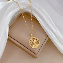 Exquisite, Fashionable and Romantic White Micro-paved Tree of Life Necklace, Classic and Personalized Hollow Stainless Steel