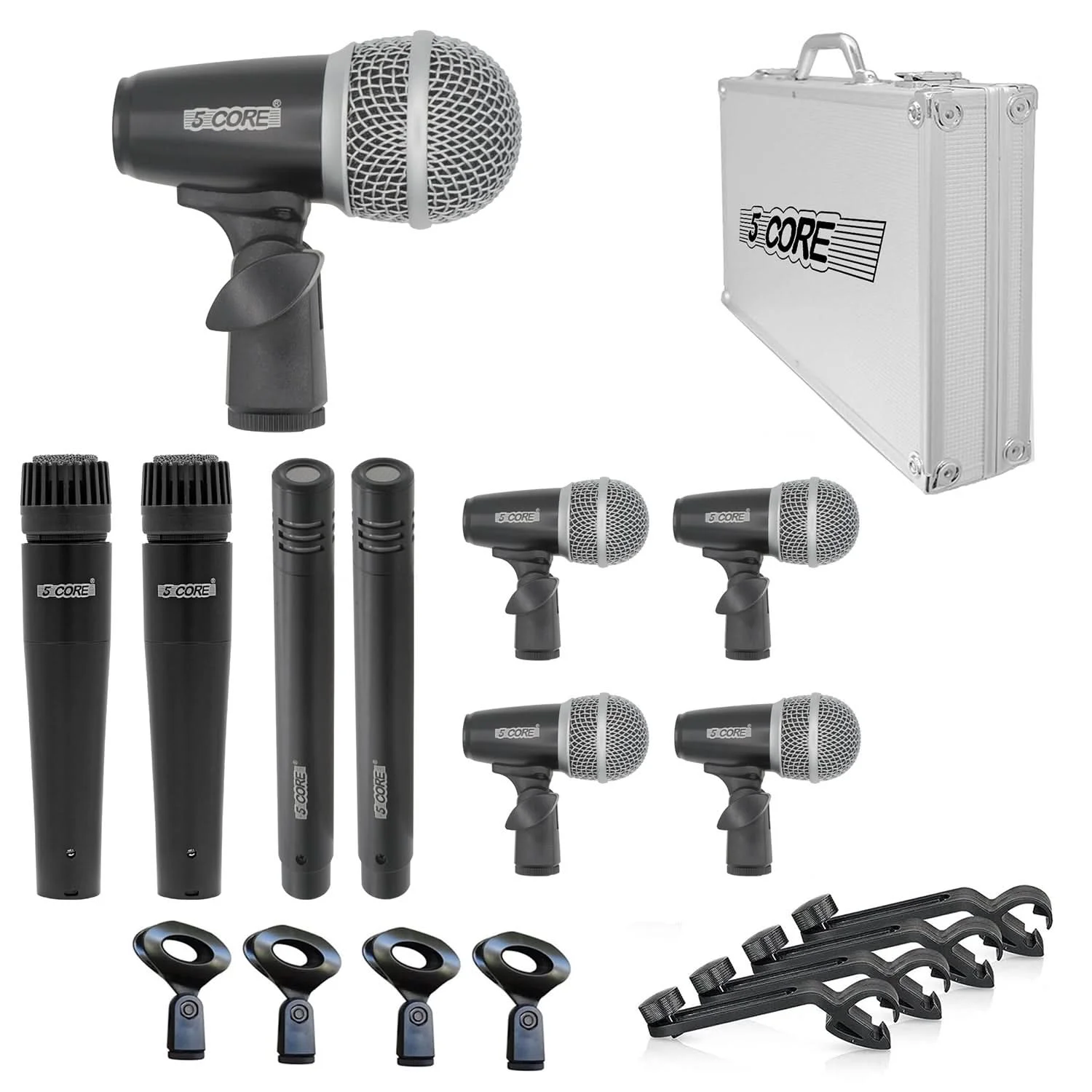 

5 Core Drum Mic Kit 9 Pcs Kick Bass Tom Snare Dynamic Mics Instrument Microphone Set DM 9RND BLK