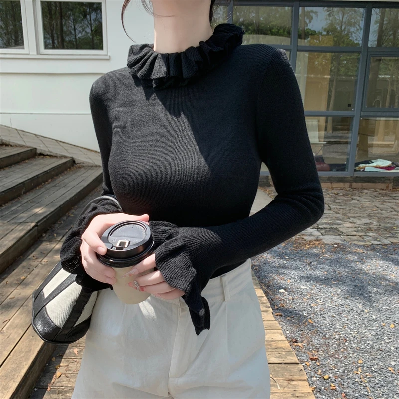 

Korean Sle Women's Mid-Ne Knitted Base irt Spring Autumn Faionable Versatile f High Collar Long Sve Slim Fit Sw...