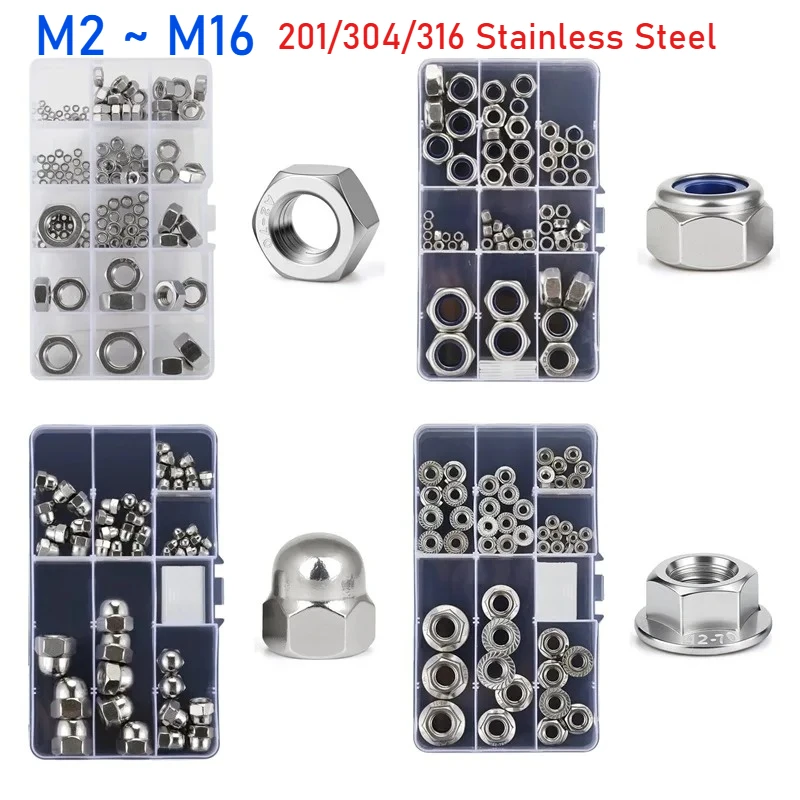 M2~M16 201/304/316 Stainless Steel Hex Hexagon/Nylon Lock/Cap/ Serrated Spinlock Flange Nut Sets Kit Box