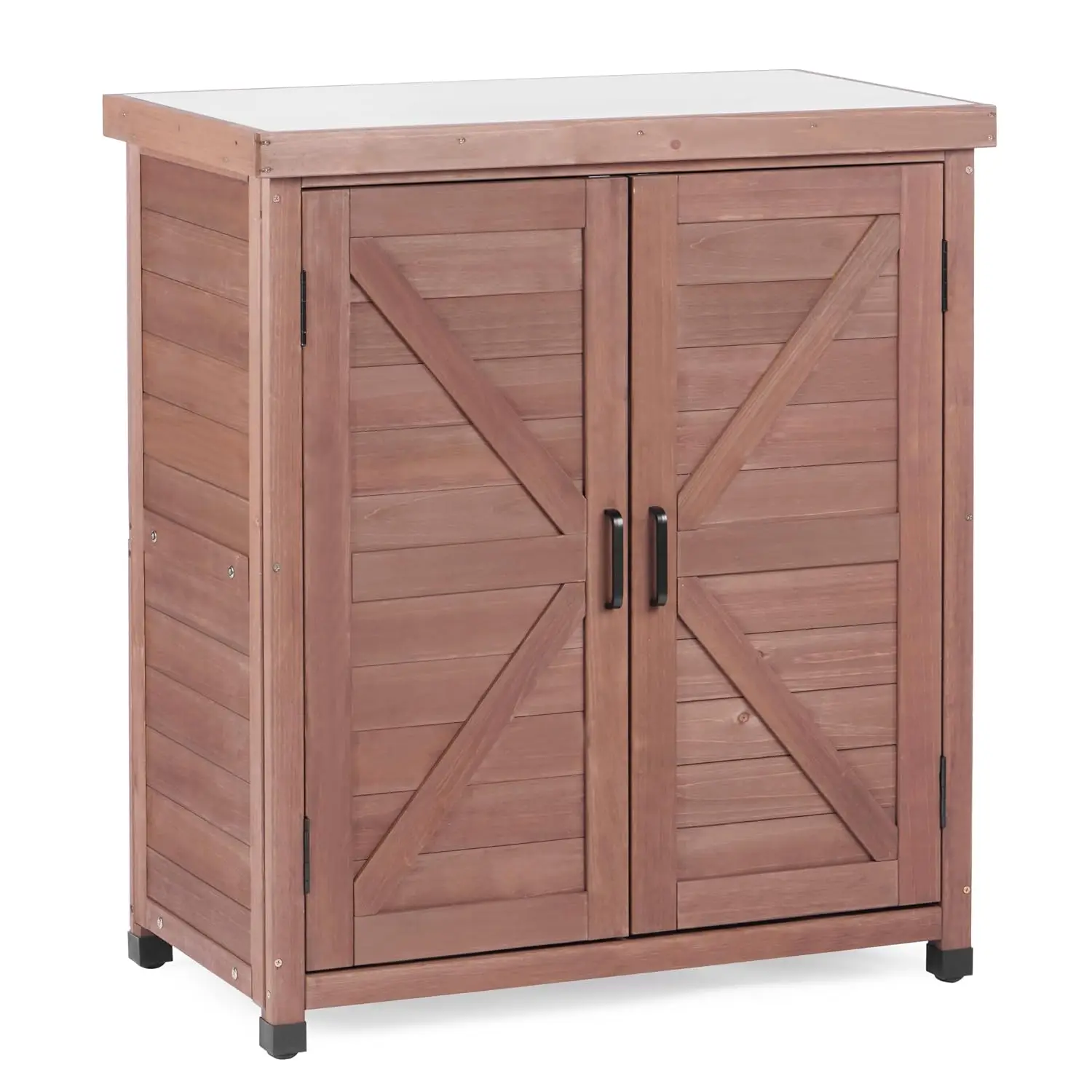 Outdoor Potting Bench with Storage Cabinet and Metal Top, Wood Workstation for Outdoor Patio, Garden (Coffee Brown, 31x17x36‘’)
