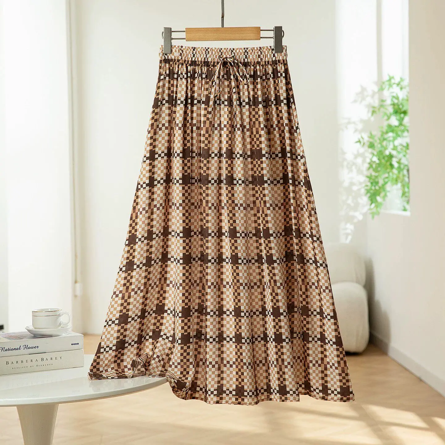 Winsleter-100%Real Silk Double Crepe Elegant Skirts, Elastic Waist Plaid, Women Vacation A-line Skirt, 2026 Summer New B67307CC