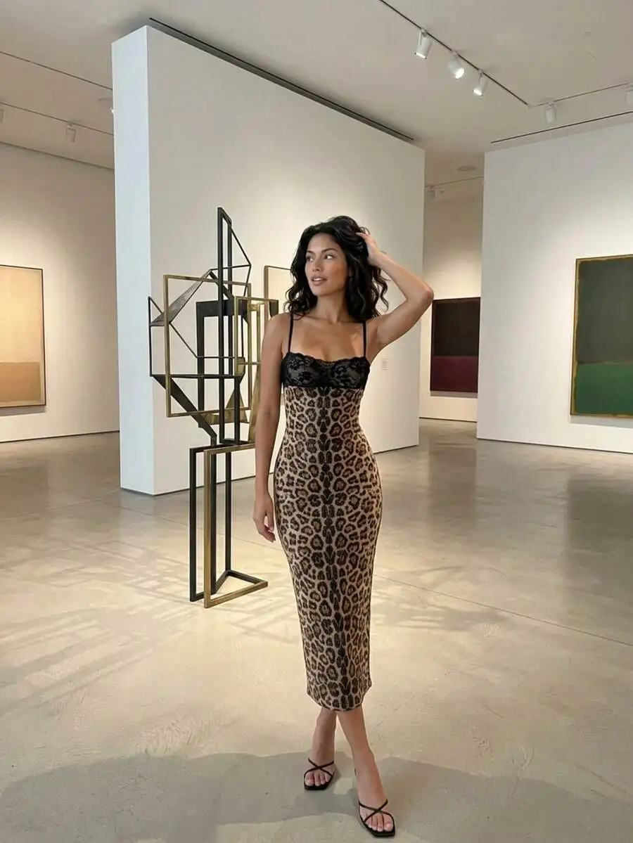 

Leopard Print Sequin Slip Dress With Lace Insets High Slit Party Dress For Women