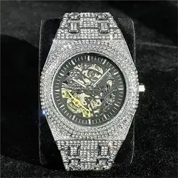 MISSFOX Luxury Skeleton Watches Men Steel Fashion Waterproof Automatic Mechanical Wristwatch HipHop Full Iced Diamond Clock 2023