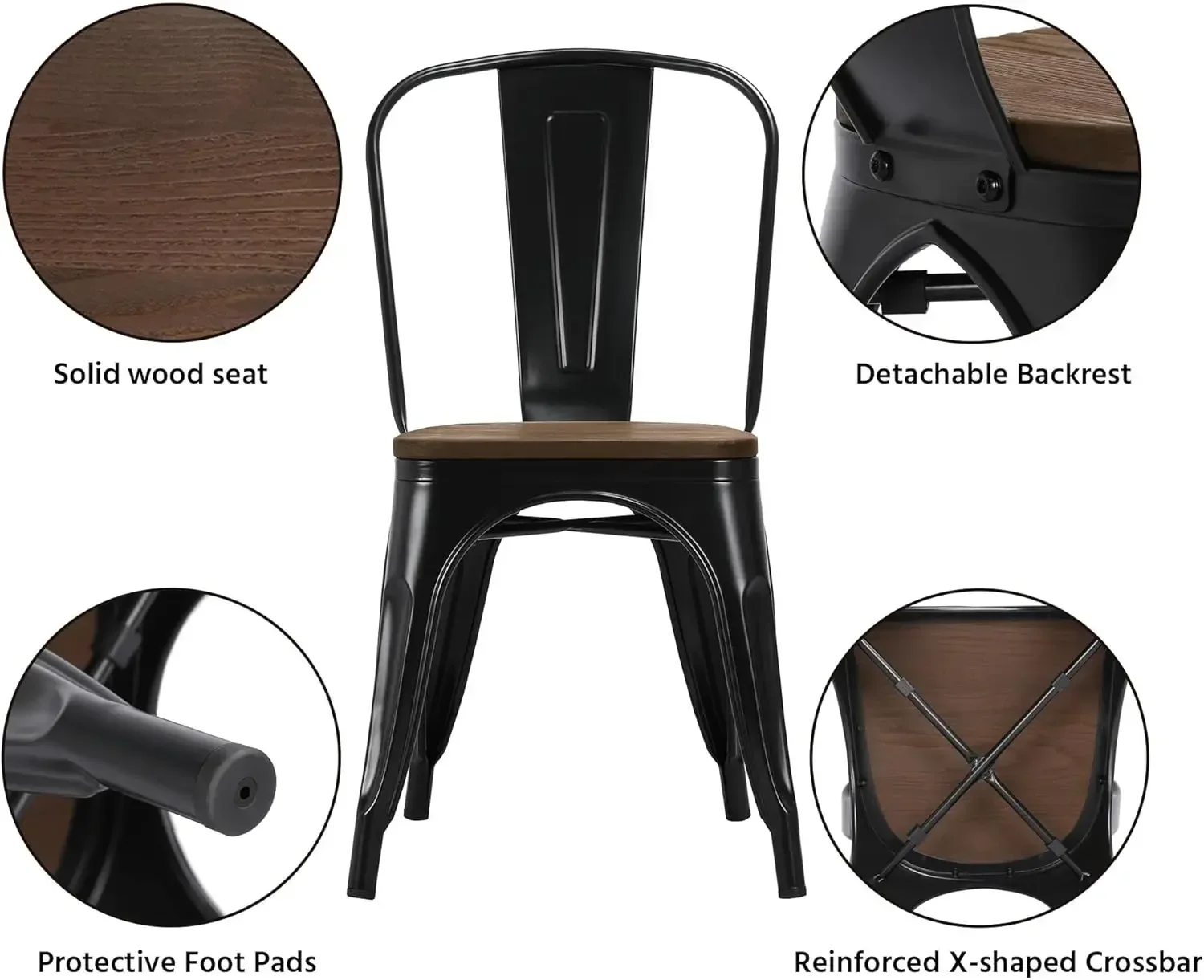 Classic Iron Metal Dining Chair with Wood Top/Seat Indoor-Outdoor Use Chic Dining Bistro Cafe Side Barstool Bar Chair Coffee Cha