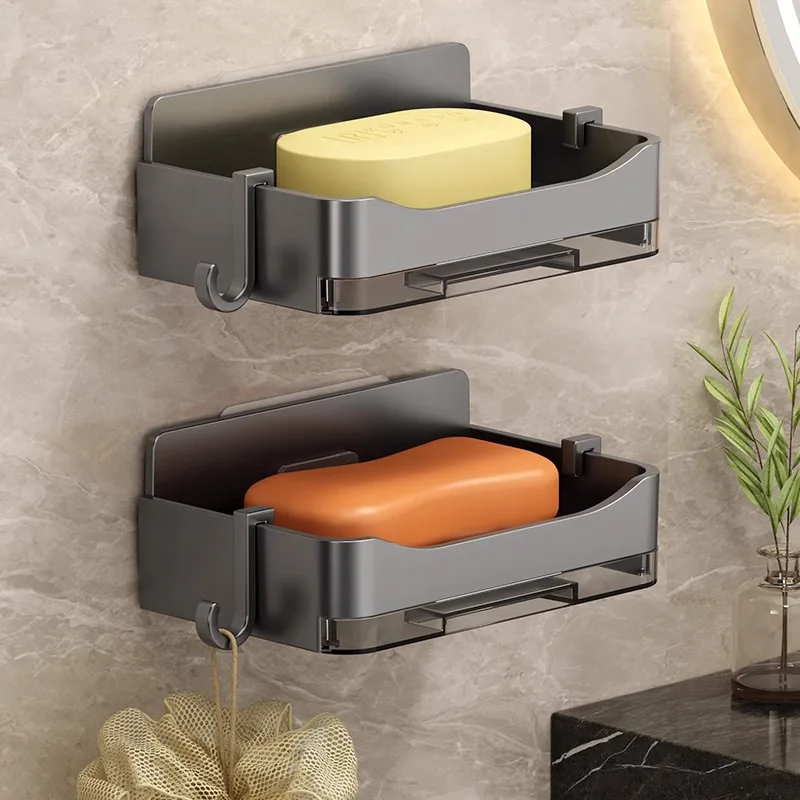Wall mounted soap drain box no punching household bathroom soap holder simple with hook, no water accumulation soap box