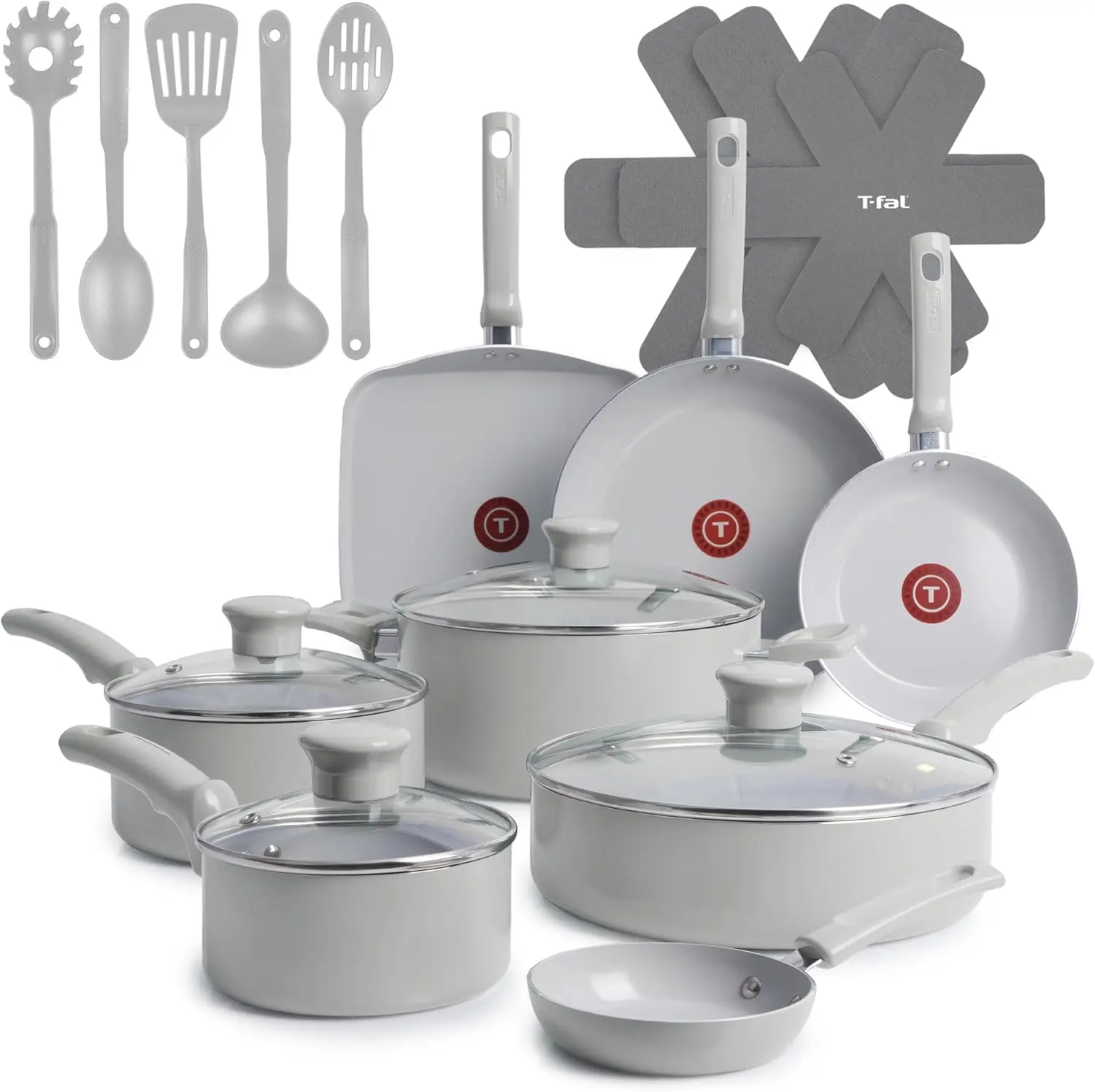 

20-Piece Ceramic Nonstick Cookware Set with Thermo-Spot, Eco-Friendly Aluminum, Includes Pots, Pans, Utensils in Moon Grey