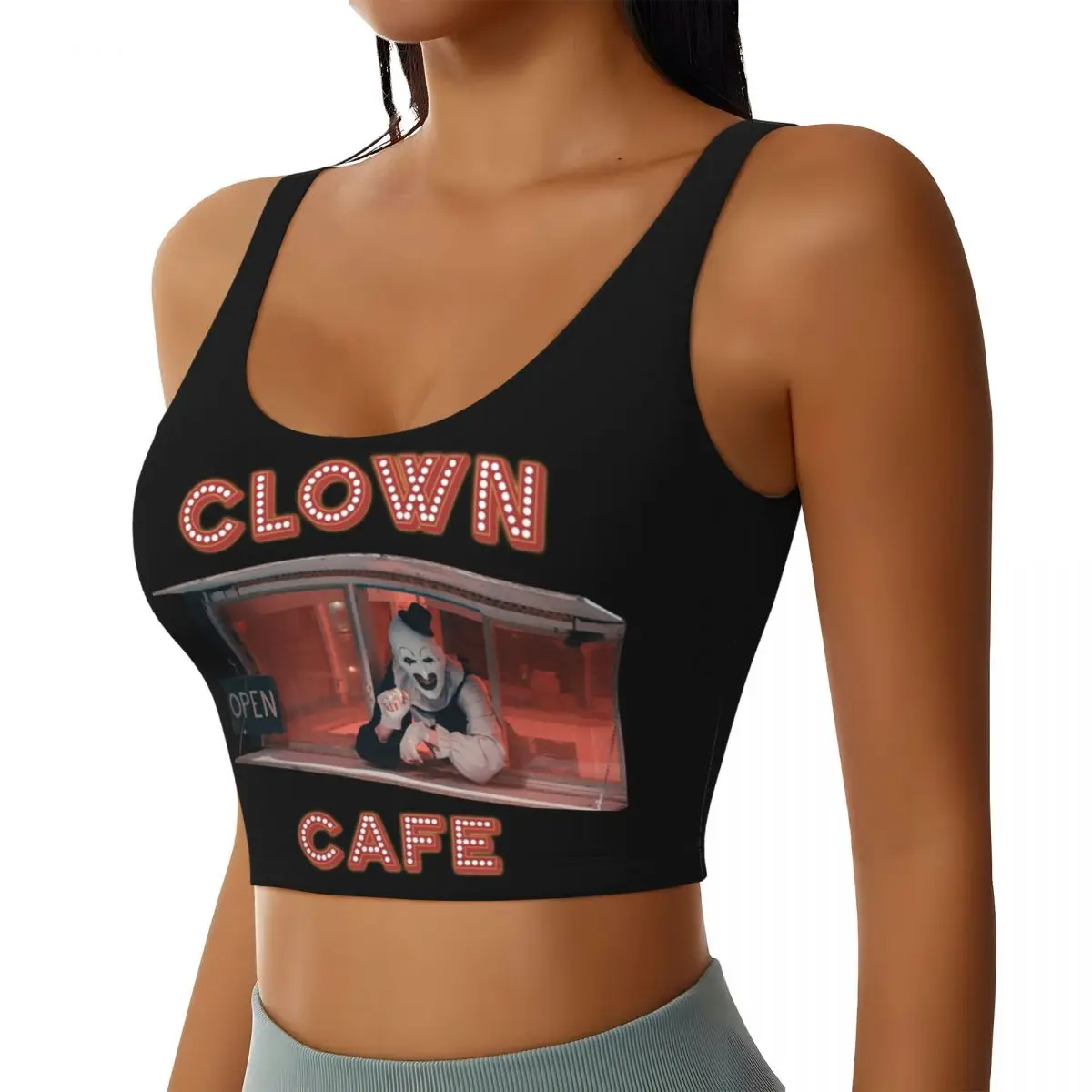 Custom Terrifier Clown Cafe Workout Crop Tank Tops for Women Seamless Running Yoga Sports Bras