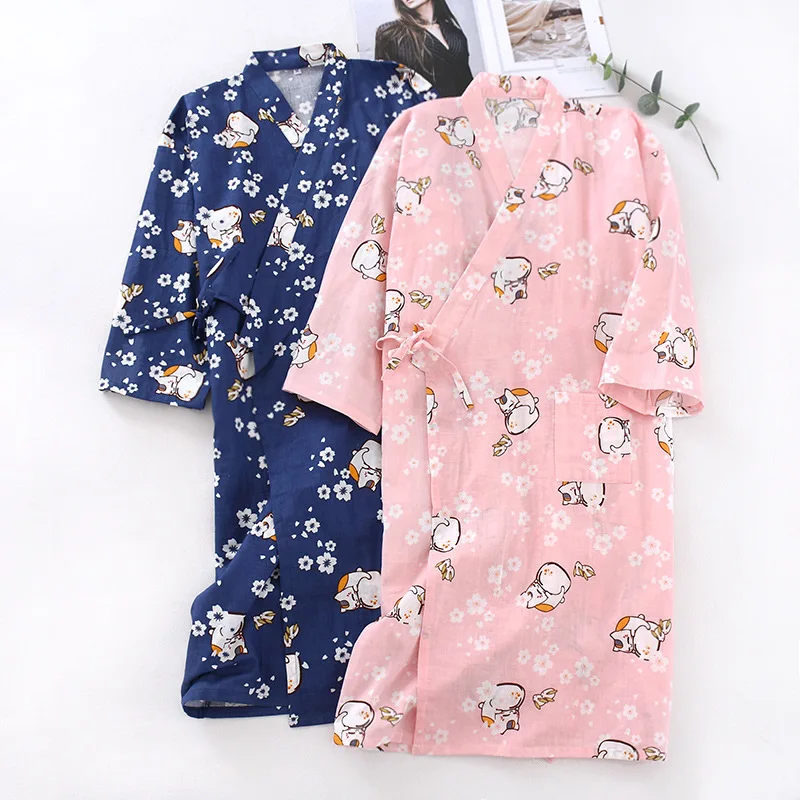 Japanese-style Kimono Pajamas Summer New 100% Cotton Gauze Pajamas Nightgown Ladies Spa Yukata Homewear Long Pajamas Women