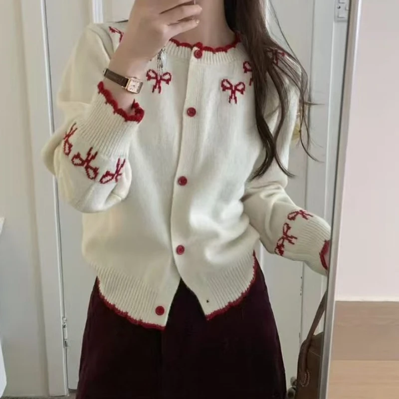 

Женский вязаный кардиган с бантом и принтом, однобортный свитер с длинными рукавами, вязаные топы Fairycore для девочек-подростков на весну и осень