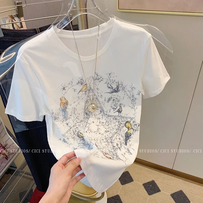 European Fashion Five Pointed Star Flower Bird Graphic T Shirts for Women Art Y2K Top Summer Streetwear Cotton White Tees Casual