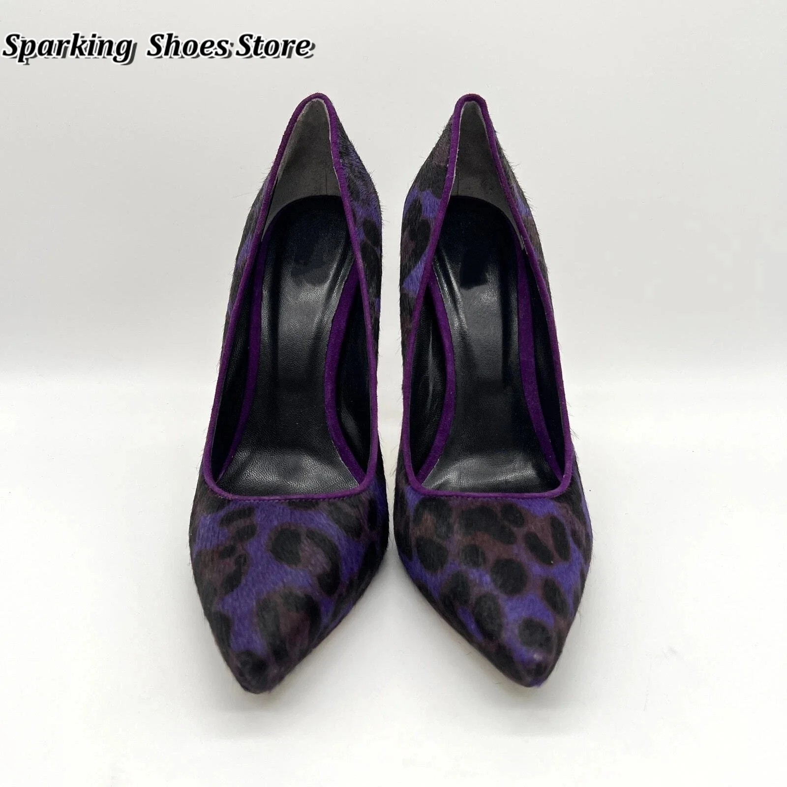 

Purple Furry Leopard Print Pumps Pointed Toe Shallow Slip On Shoes Women Mixed Color Pull On Stiletto High Heels 2025 Size 43