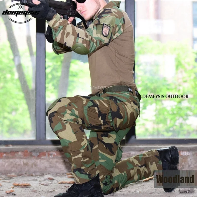 Woodland Camouflage Uniform Tactical Combat Suit Airsoft War Game Clothing Shirt + Pants Elbow Knee Pads